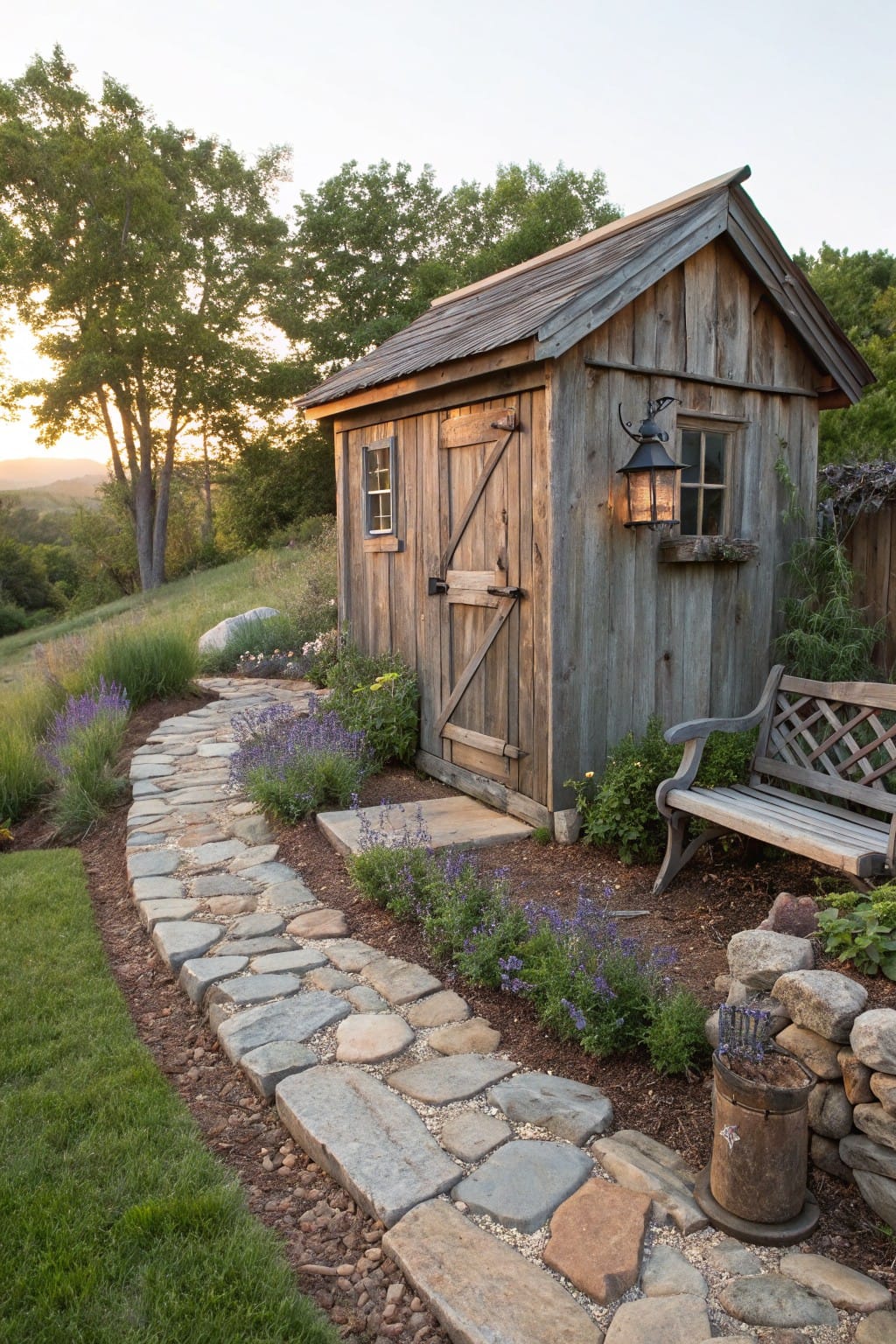 Rustic wooden shed surrounded by a winding flagstone path edged with rocks, lavender plants, grass, and a wooden bench on a hillside garden.