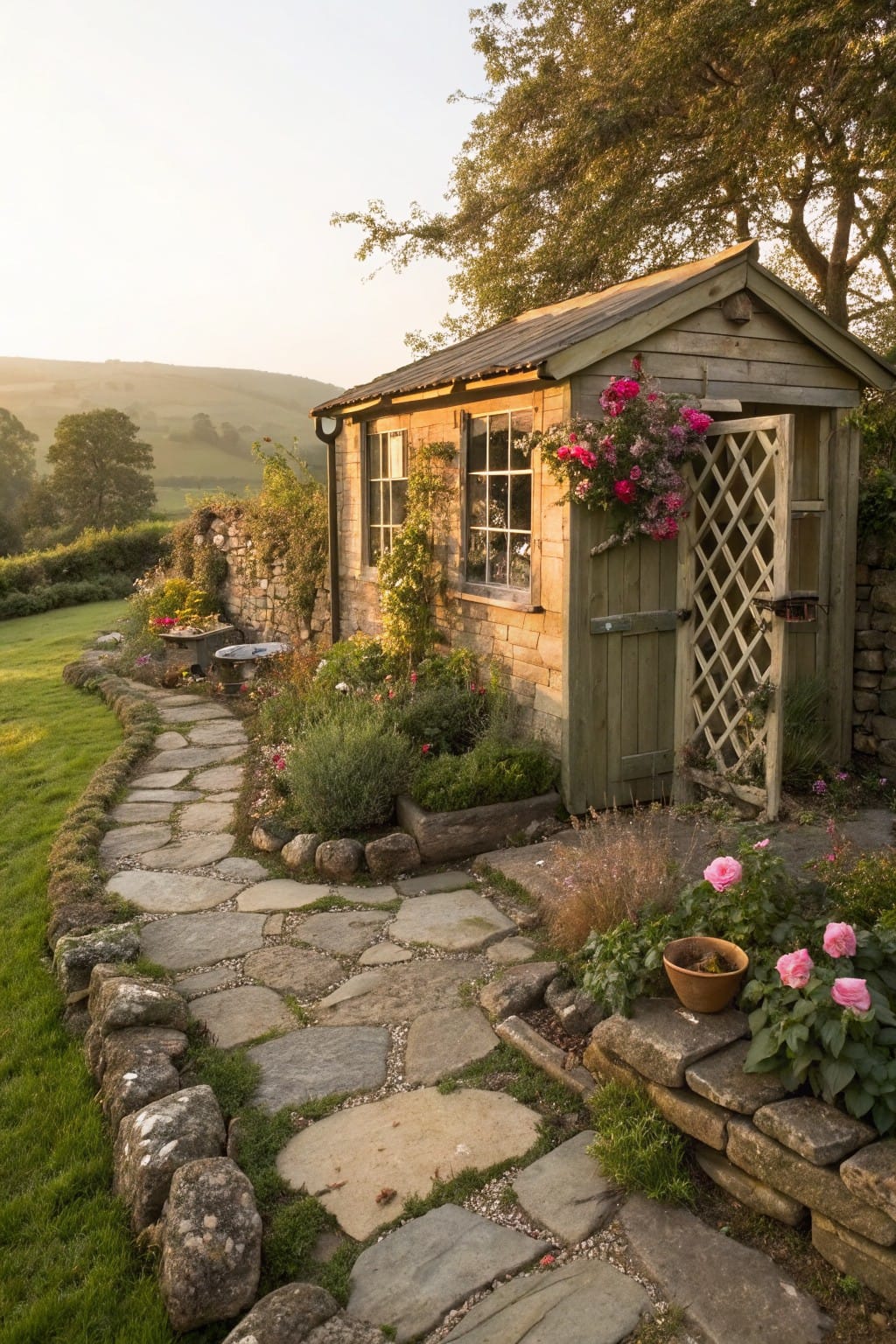 Wooden garden shed with latticed door and window, flanked by climbing flowers and plants, with an irregular stone slab pathway edged by boulders and dry stone walls in a grassy hillside garden at sunset.
