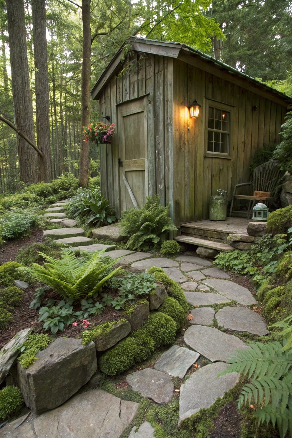 Wooden shed in a lush forest garden with a curving path of irregular gray stone slabs leading to the entrance, edged by moss-covered boulders and surrounded by ferns and greenery.