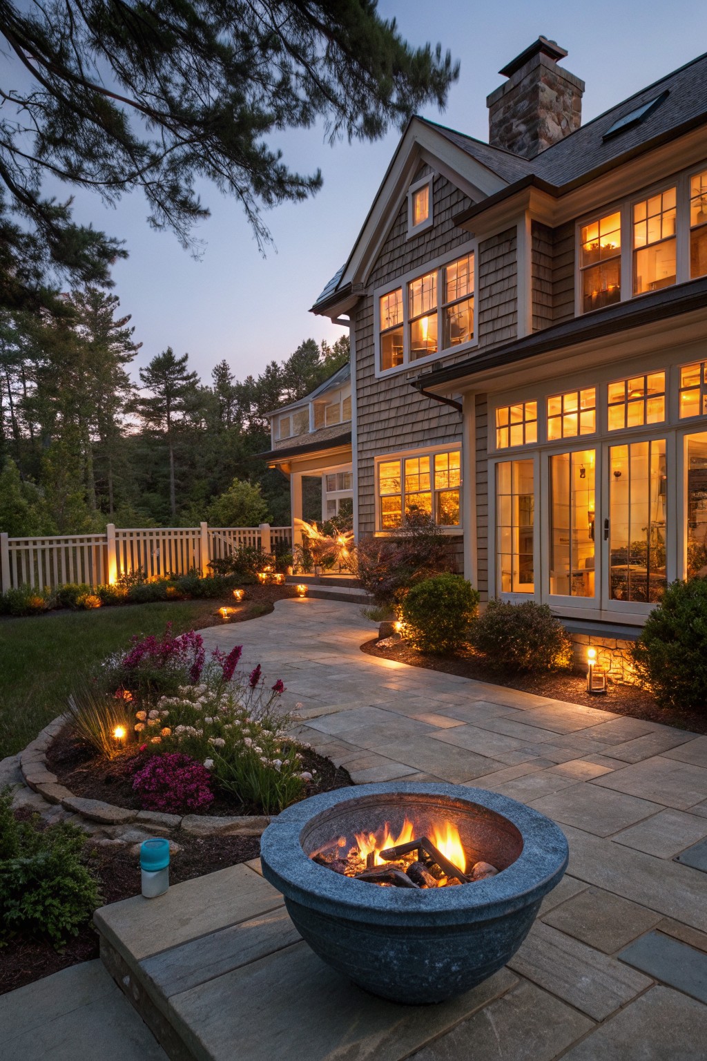 Dusk view of a backyard stone patio with a lit central fire pit surrounded by flower beds, a curved lit pathway, shrubs, and a shingle-style house with glowing windows in the background.