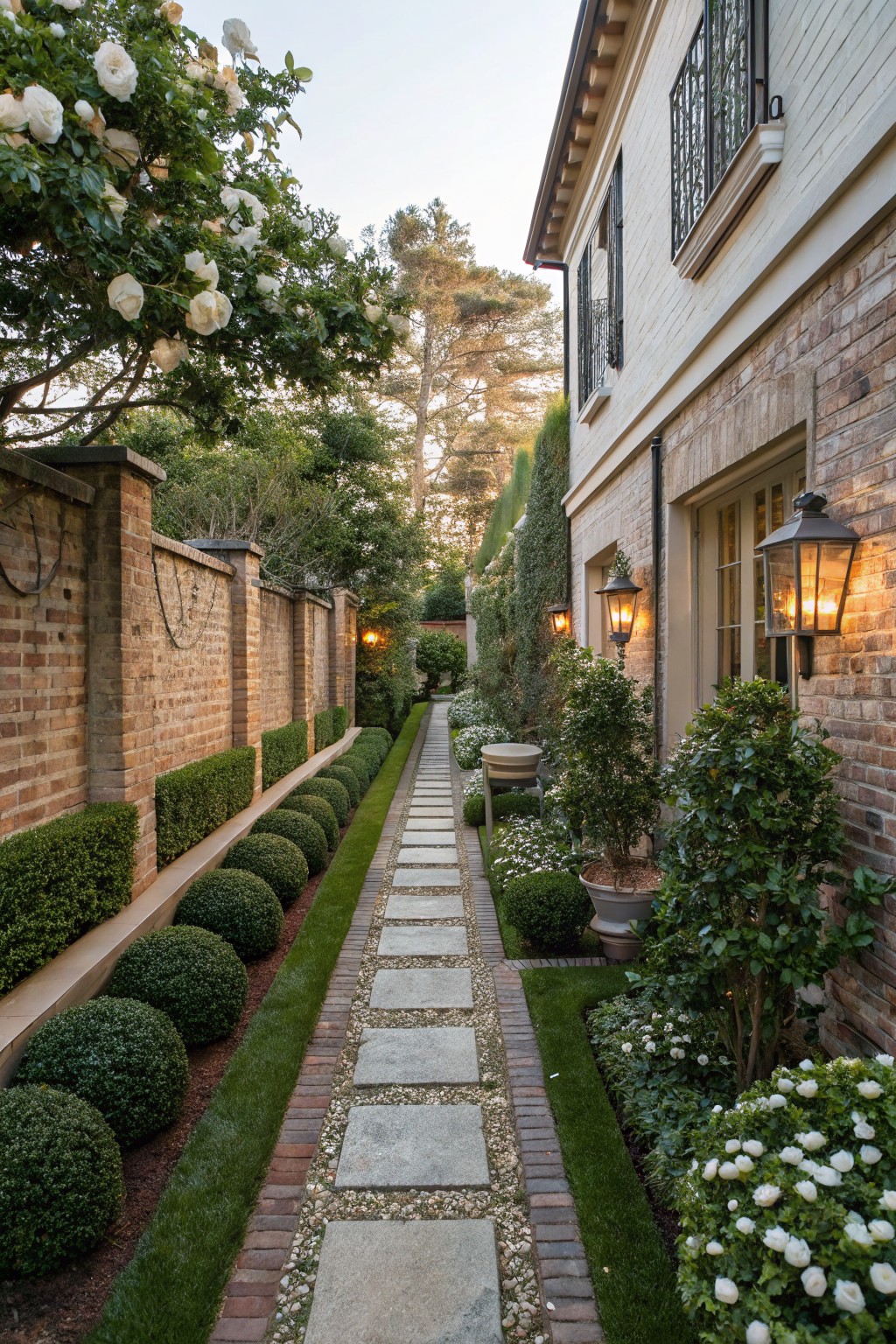 Narrow stone paver pathway between tall brick walls and house exterior, lined with spherical and low boxwood hedges, white flowering shrubs, potted plants, and wall-mounted lanterns.
