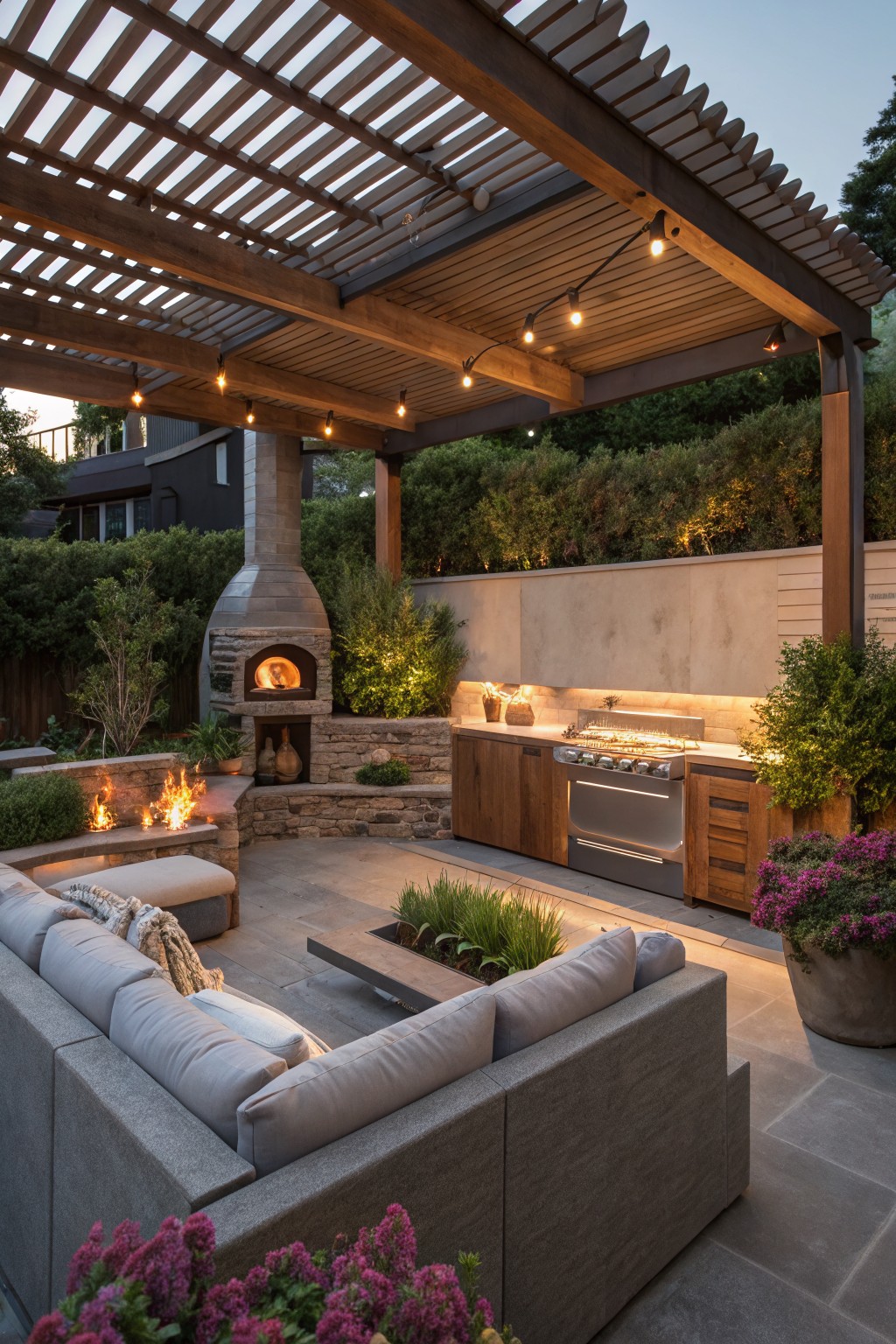 Outdoor patio under wooden pergola with string lights, featuring built-in stone pizza oven with fire inside, stainless steel grill and wooden cabinets on counter, L-shaped gray sofa on slate pavers, stone fire pits, and surrounding green shrubs and purple flowers.