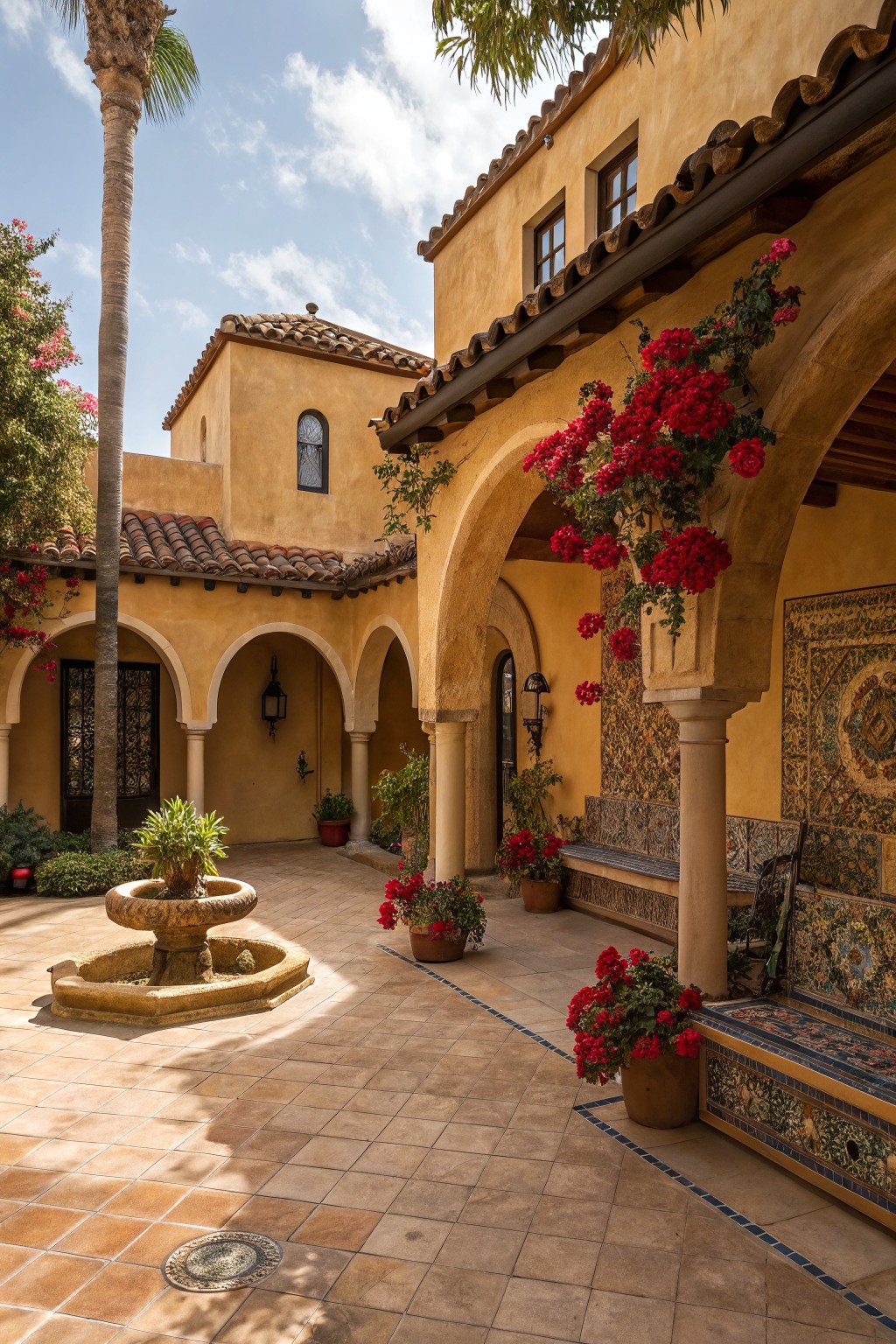 Ochre stucco courtyard featuring a central stone fountain, red bougainvillea vines draping over arches, potted plants, a palm tree, tiled benches, and terracotta pavers under a blue sky.