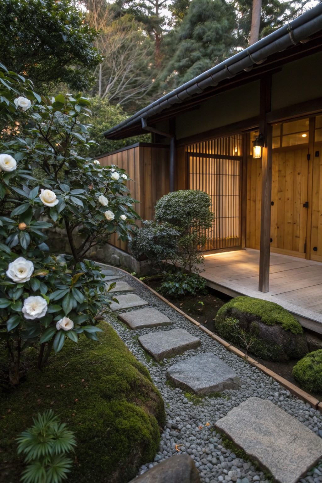Wooden Japanese-style house with shoji screens and veranda, reached by irregular stone stepping path through garden with white blooming camellias, mossy rocks, gravel, and shrubs.