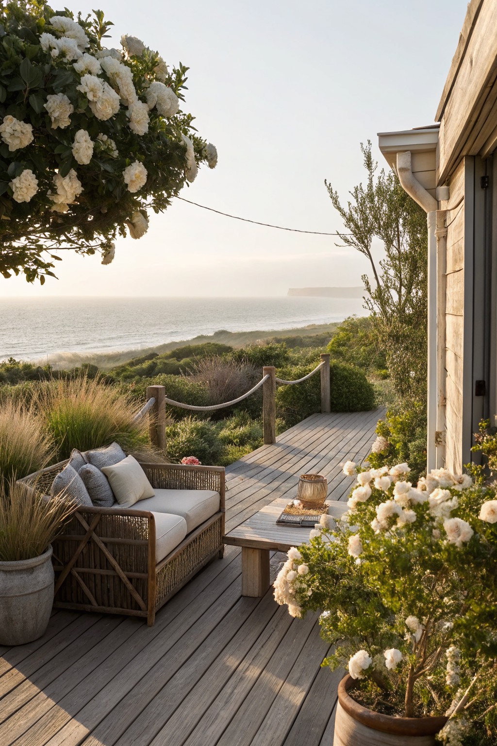 Wooden deck with rattan sofa, coffee table, cushions, potted grasses, and white blooming shrubs along the edges, overlooking ocean dunes and beach.