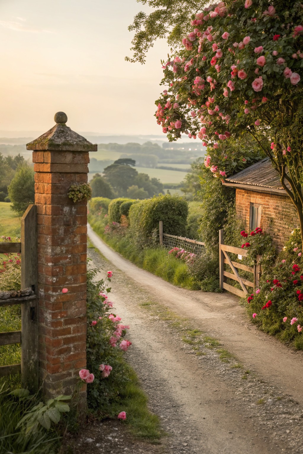 Gravel path leading through an open wooden gate flanked by brick pillars covered in pink climbing roses, with hedges, flower beds, and a small brick cottage on one side in a rural countryside setting at dusk.