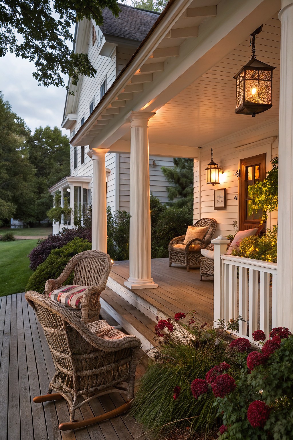 White columned porch on a clapboard house at dusk with wicker rocking chairs, hanging lanterns, steps, and beds of red globular camellia blooms mixed with grasses along the deck edge.