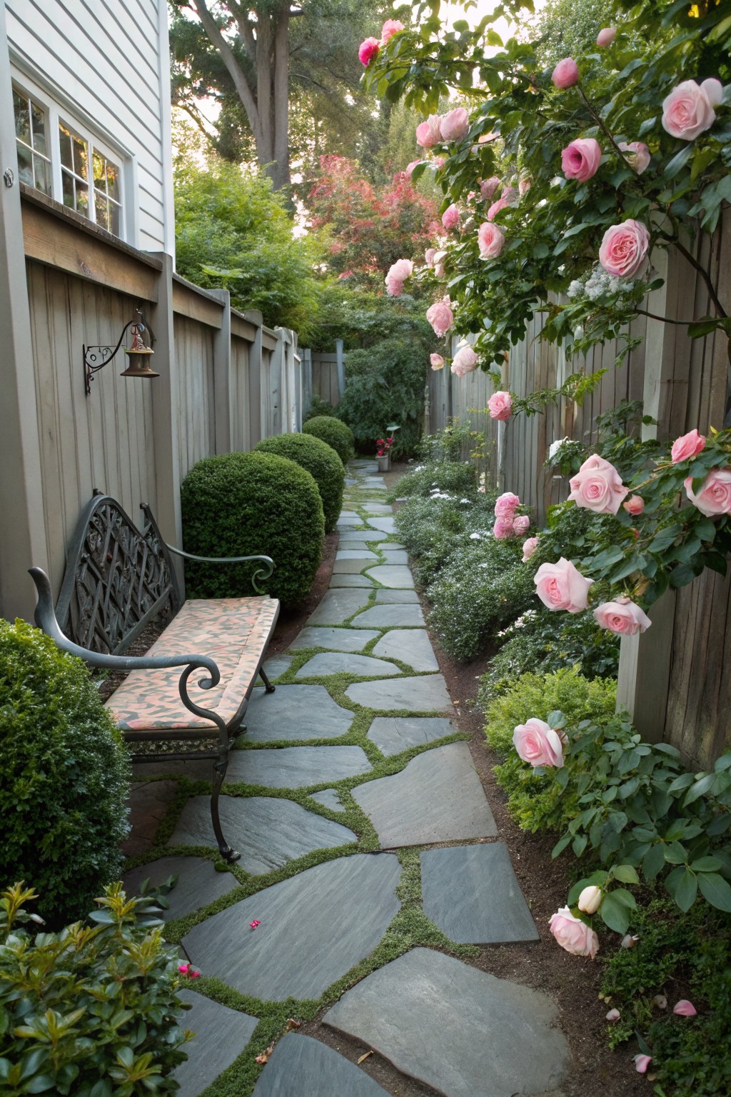 Narrow garden path of irregular gray stone slabs lined with clipped green boxwood shrubs and climbing pink roses on gray wooden fences, with a curved wrought-iron bench centered along the path beside a house wall.