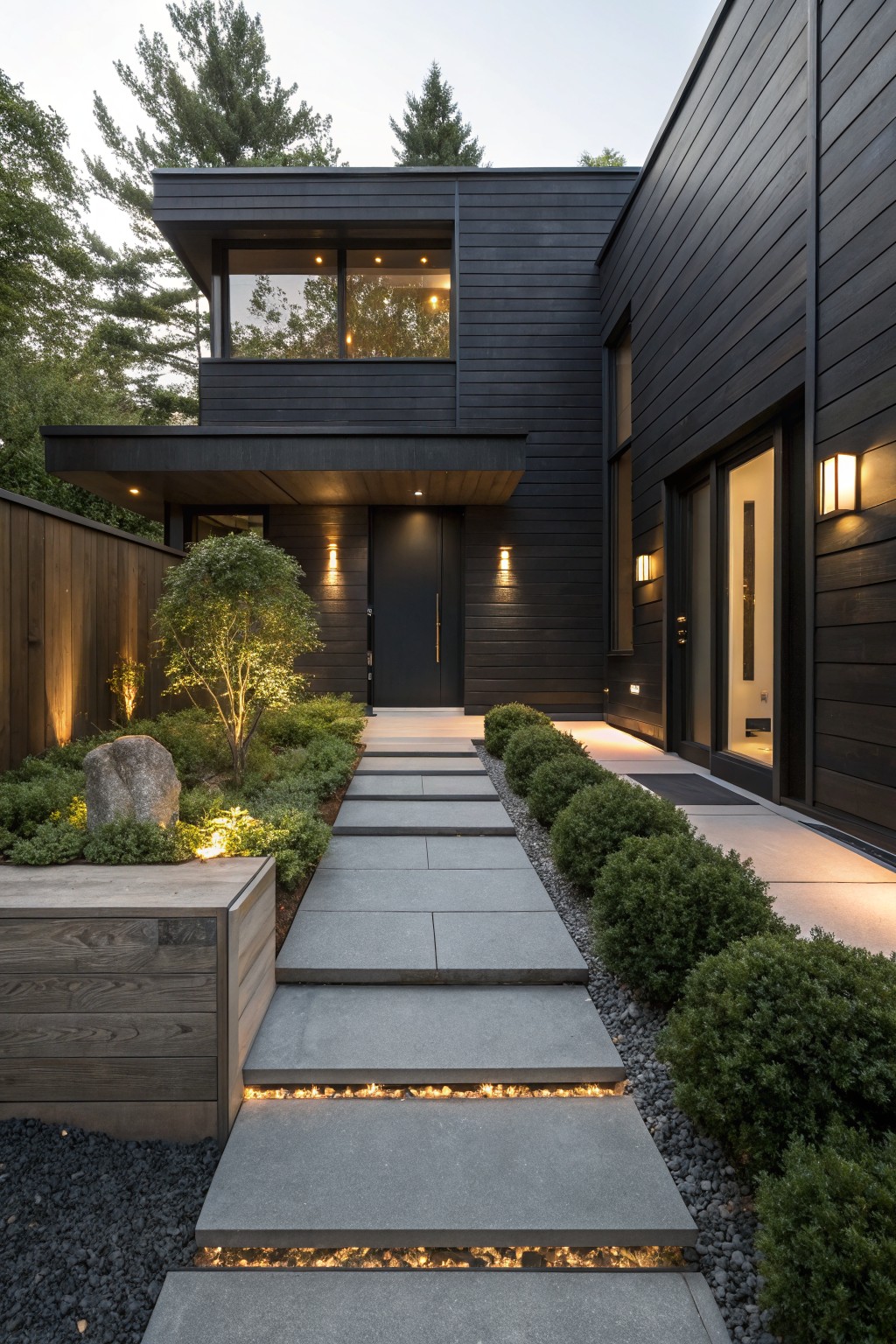 Modern black wood-clad house with a gray stone slab pathway lit from the edges, flanked by gravel mulch, boxwood shrubs, a small lit tree, large rock, and wood fence leading to a black front door.
