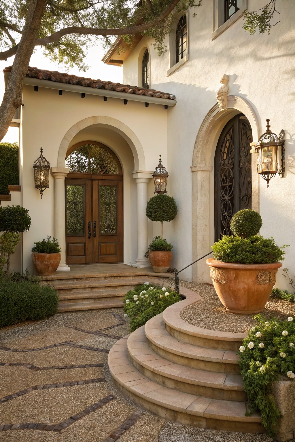 White stucco house entrance with arched wooden double doors, stone pillars, wrought iron lanterns, curved stone steps from pebble path, large terracotta pots with topiary shrubs and plants on both sides.