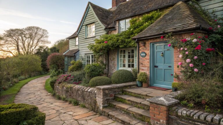 A weathered white clapboard cottage with a green front door partially covered by pink climbing roses and greenery, flanked by topiary shrubs, a wooden bench, and a curved stone pathway with brick steps leading to the entry.