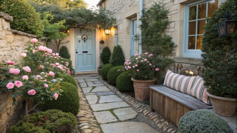 A narrow stone path winds through garden beds filled with pink roses, green shrubs, and boxwood topiaries leading to a light blue front door on a beige stone cottage house.