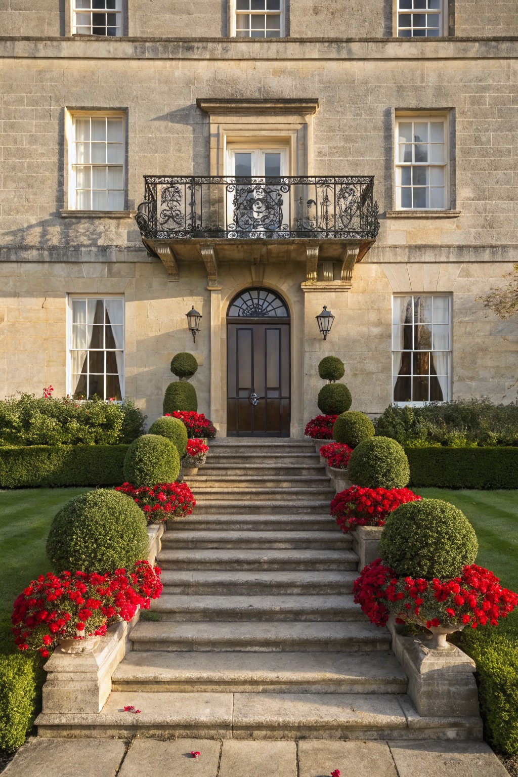 Beige stone mansion with dark wood arched front door, wrought iron balcony above, wide stone steps lined on both sides with red flower-filled urns and spherical green topiaries amid manicured hedges and lawn.