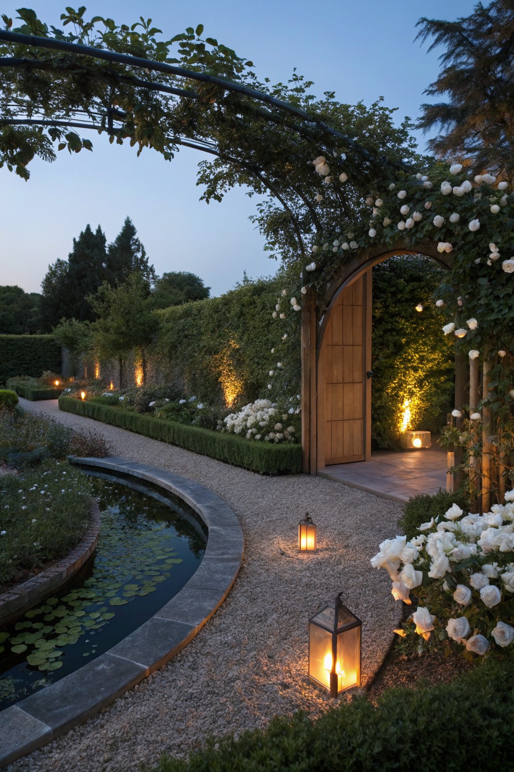 Gravel pathway with lanterns and white rose bushes curving toward an open wooden arched door covered in climbing white roses, next to a small stone-edged lily pond and hedges in evening light.