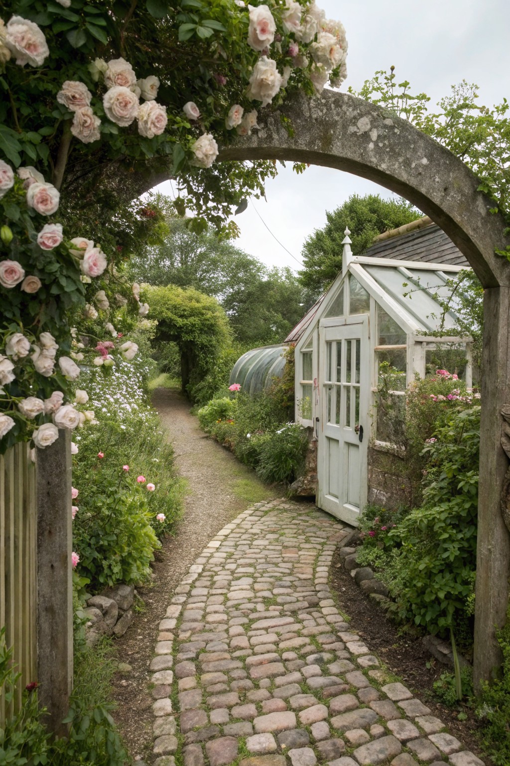 Stone archway covered in clusters of pink roses arches over a curving cobblestone path leading past plants to a greenhouse with a white wooden door.
