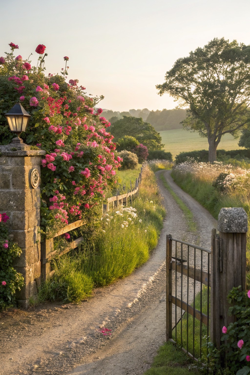 Stone garden gate with pillars covered in pink climbing roses, a lantern on one pillar, opening to a gravel path lined with wildflowers, hedges, and fields in soft evening light.
