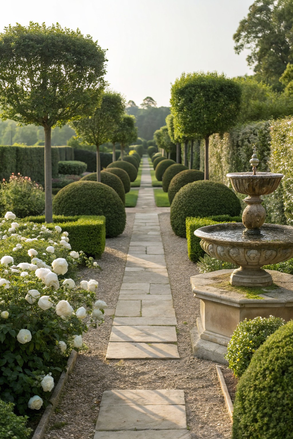 A formal garden with a straight stone pathway lined on both sides by tall slender trees, large spherical boxwood topiaries, clipped hedges, white rose bushes, and a central stone fountain on a gravel base.