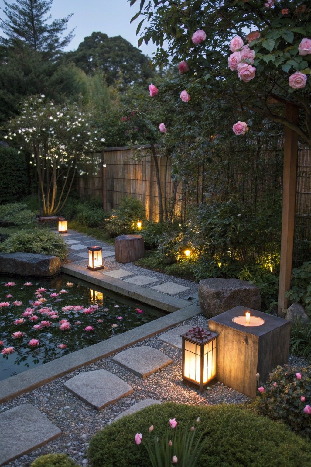 Japanese-style garden at dusk with a rectangular pink lotus pond, gray stone stepping path lit by multiple lanterns, surrounded by rocks, greenery, bamboo fence, and pink flowering trees.