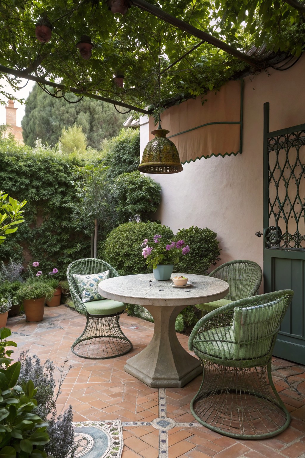 Round stone pedestal table with two green cushioned wicker chairs on terracotta tiled patio under wooden pergola covered in green vines, surrounded by potted plants, flowers, and greenery against pink walls and green door.