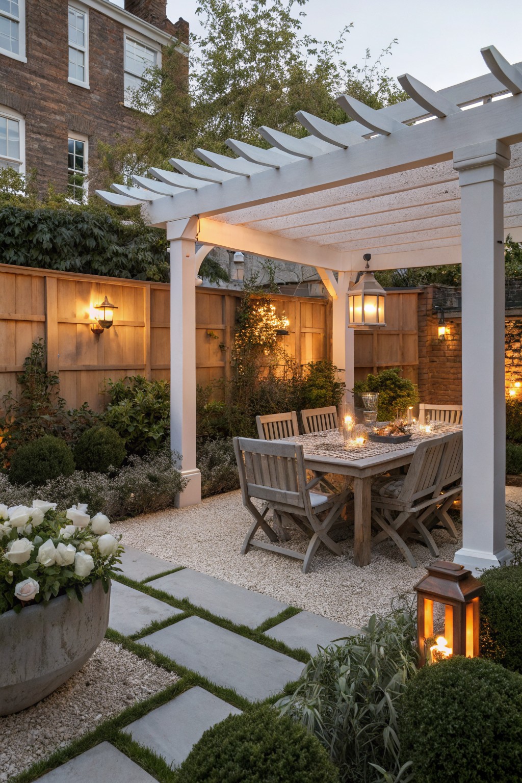 White wooden pergola covering a gravel patio with wooden dining table, chairs, lanterns, white flowers in a large pot, shrubs, and wooden fence in a backyard at dusk.