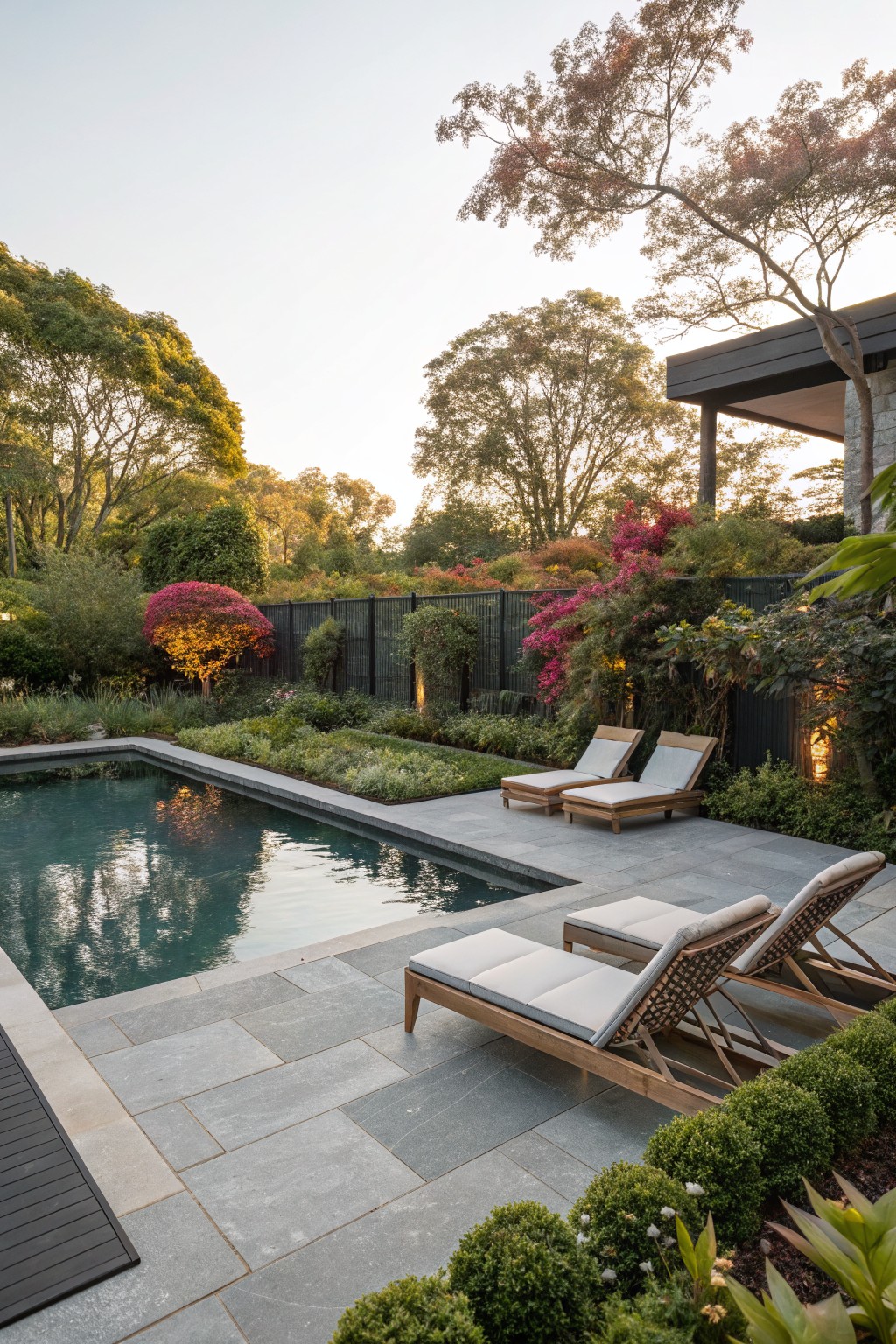 Rectangular pool with dark water and gray slate decking, two teak loungers with white cushions, black metal fence partially covered in pink flowering vines, boxwood shrubs along the edge, trees and garden beds in the background at sunset.