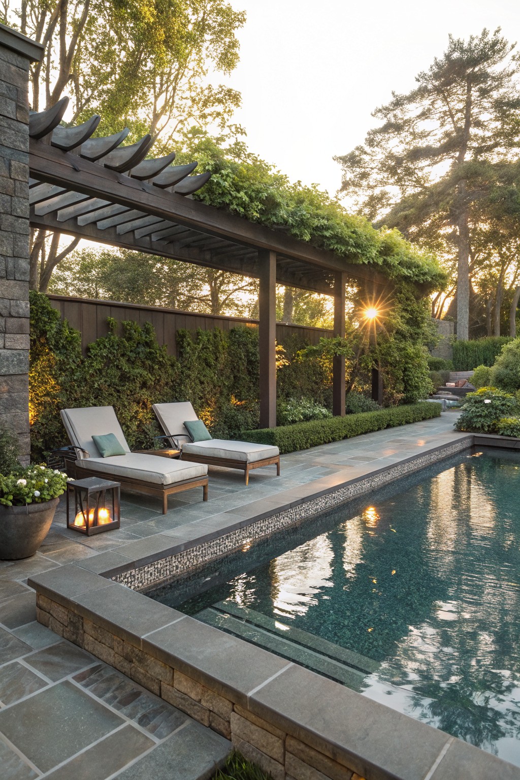 Wooden pergola covered in green vines shading two beige lounge chairs with green pillows on a stone pool deck next to a rectangular turquoise pool, with hedges, potted plants, and trees around at sunset.