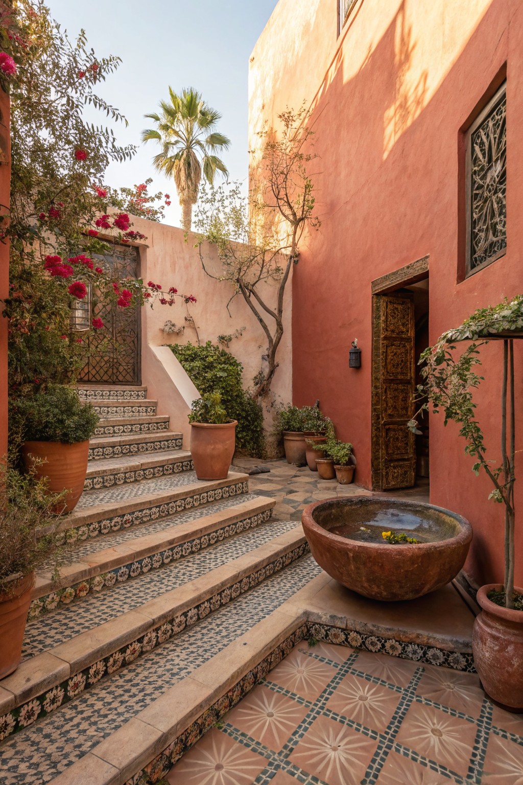 Narrow courtyard with pink walls, ornate blue-and-white tiled steps lined with terracotta pots of plants, a large terracotta basin with water nearby, greenery climbing walls, and a carved wooden door at the top.