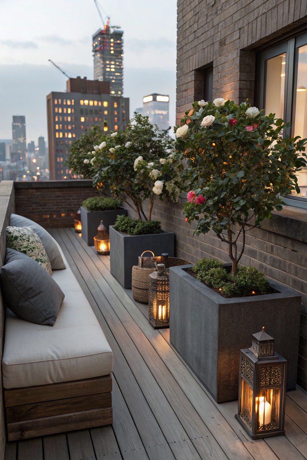 Balcony terrace on a brick building with potted camellia shrubs bearing white and pink flowers, gray concrete planters holding boxwood, several lit lanterns, and a cushioned bench against a wooden backdrop, city skyline visible at dusk.
