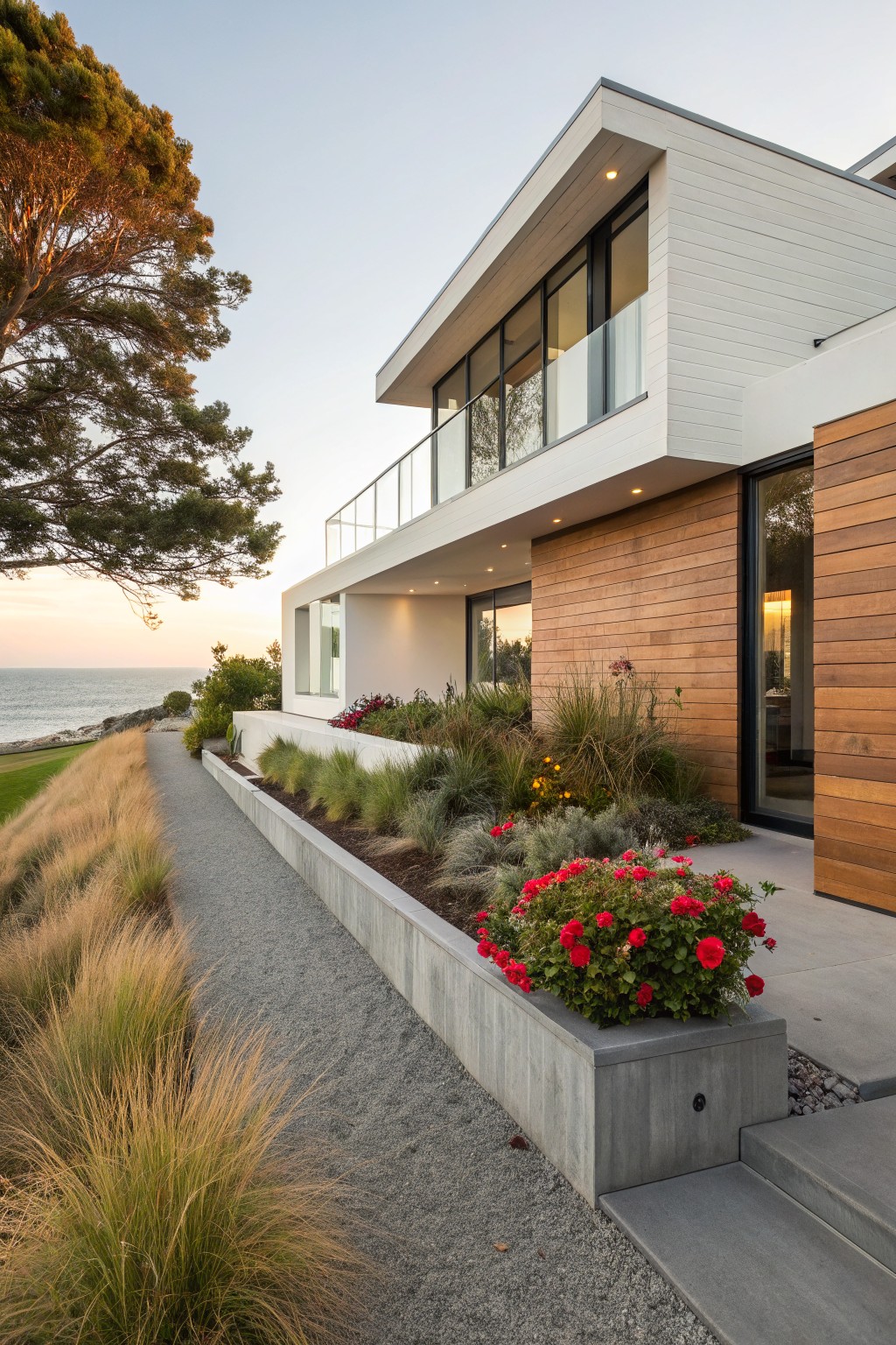 Modern house exterior with white and wood siding, large windows, and a gravel path edged by raised concrete planters filled with ornamental grasses, succulents, and red-flowering shrubs leading to the entry door, set against coastal landscaping and ocean view at dusk.
