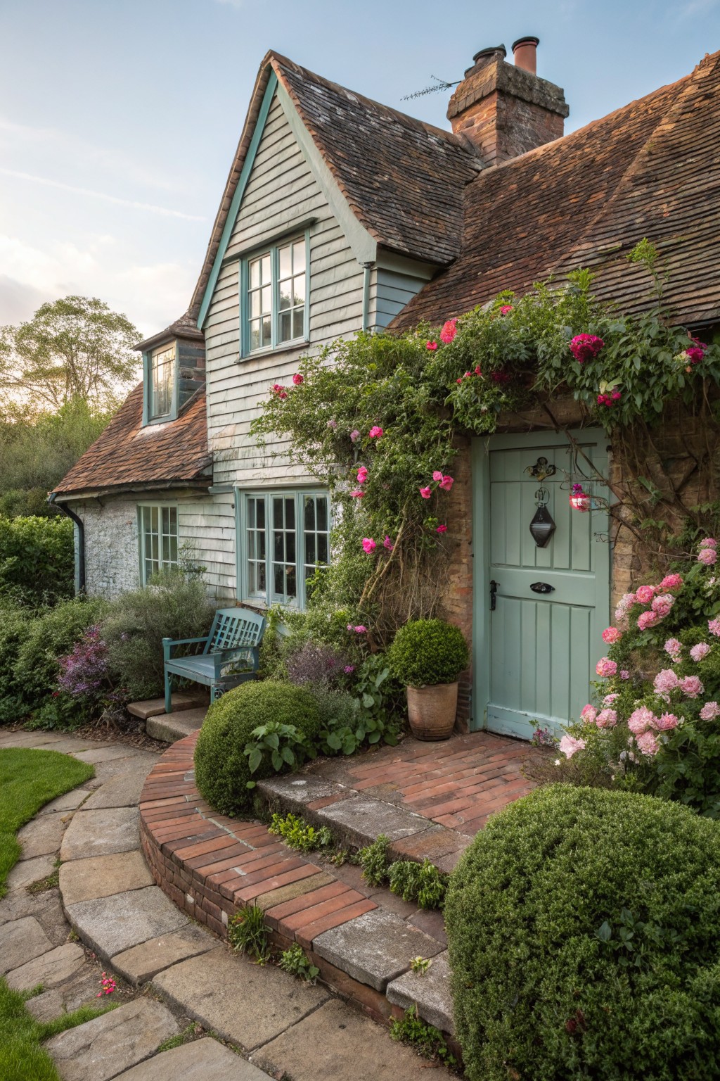 A weathered white clapboard cottage with a green front door partially covered by pink climbing roses and greenery, flanked by topiary shrubs, a wooden bench, and a curved stone pathway with brick steps leading to the entry.