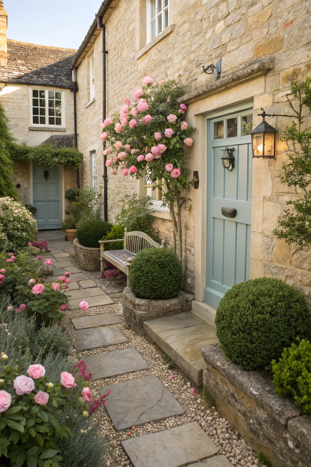 A narrow stone path winds through garden beds filled with pink roses, green shrubs, and boxwood topiaries leading to a light blue front door on a beige stone cottage house.