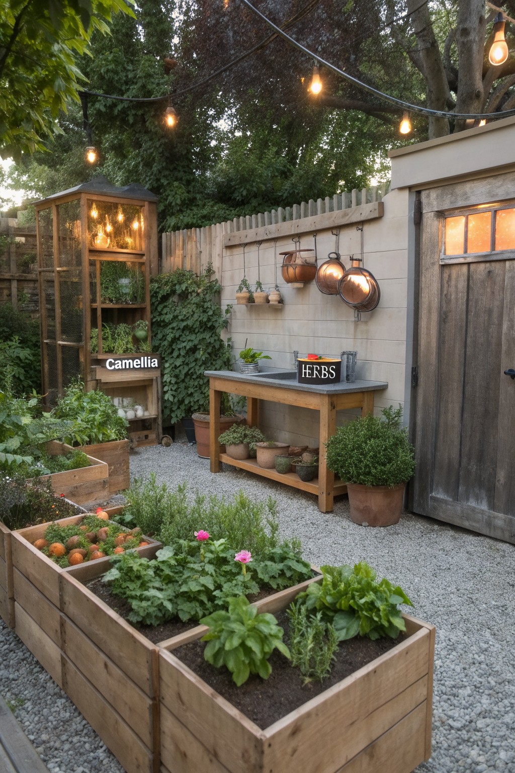 Wooden raised garden beds planted with vegetables, herbs, and flowers on a gravel patio, next to a wooden table with sink labeled 