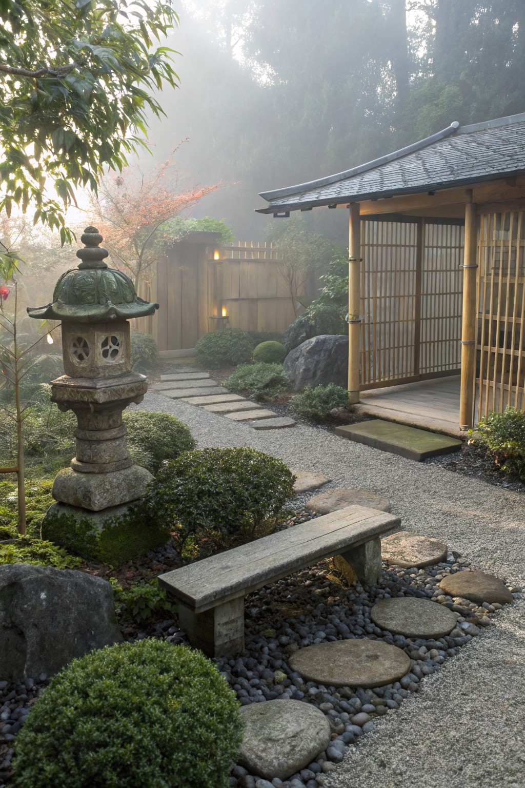 Stone pagoda lantern beside a gravel garden path with irregular stepping stones leading to a wooden bench and pavilion, surrounded by clipped shrubs, rocks, and misty trees.