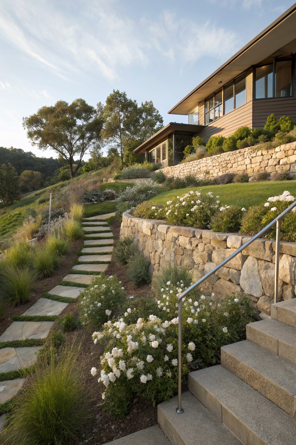 Modern wood-sided house on a hillside with terraced stone retaining walls, winding stone pathway and steps with metal railings, edged by grasses and white-flowering shrubs under a partly cloudy sky.