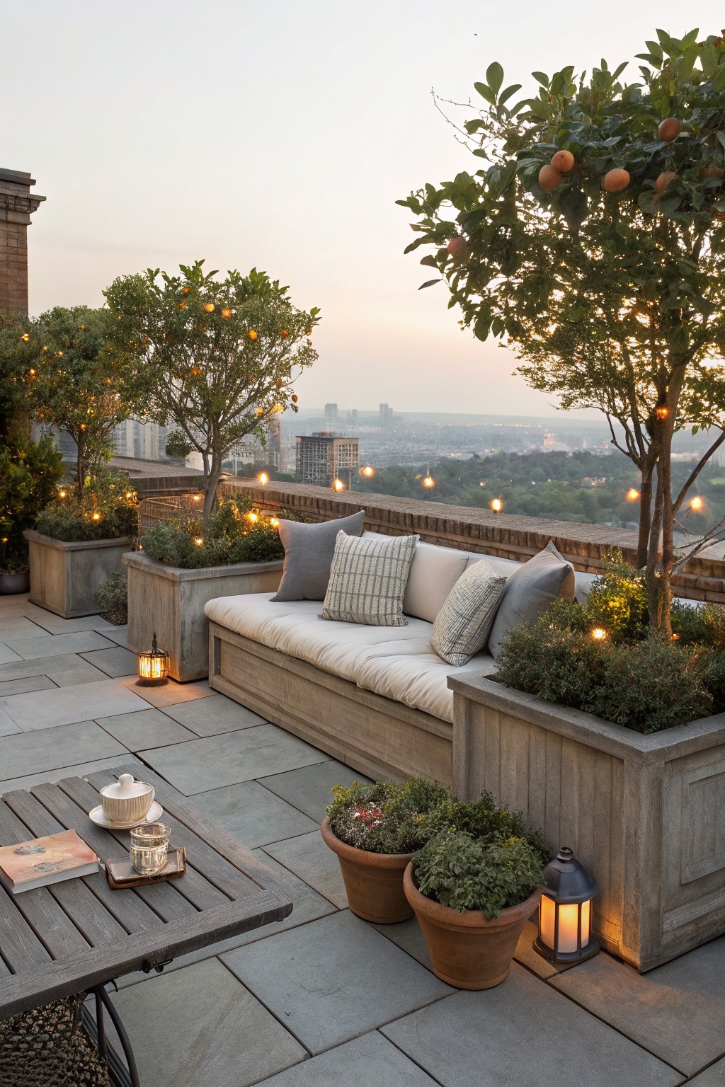 Rooftop terrace at dusk with potted citrus trees draped in string lights flanking a wooden built-in bench with neutral cushions, a low wooden table holding a teacup and book, terracotta pots, lanterns, and a city view.