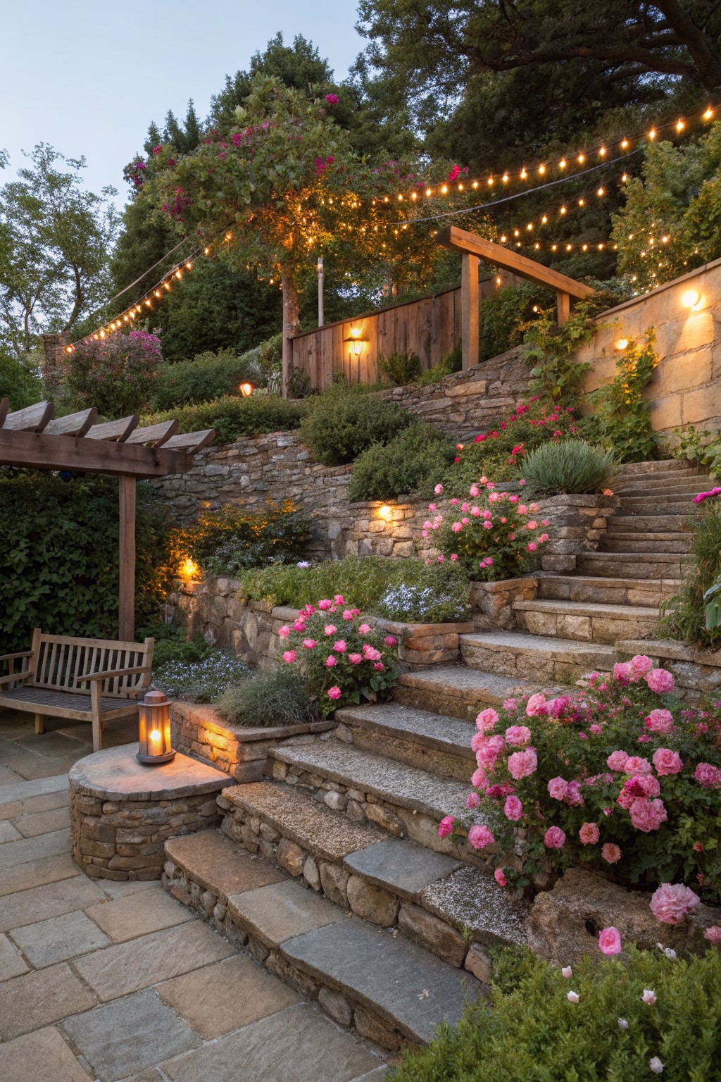 Terraced stone steps winding up a green hillside garden, bordered by pink flowering shrubs, with a wooden bench, lantern, pergola, and string lights at dusk.