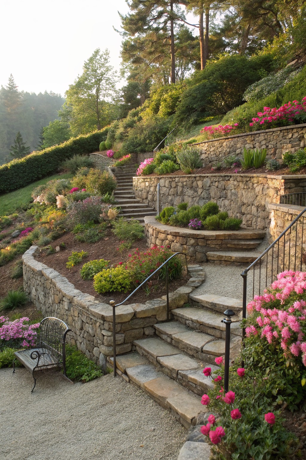 A multi-level hillside garden with dry-stacked stone retaining walls, winding stone steps with black metal railings, pink flowering shrubs, various perennials and grasses, and a curved metal bench on gravel at the base.