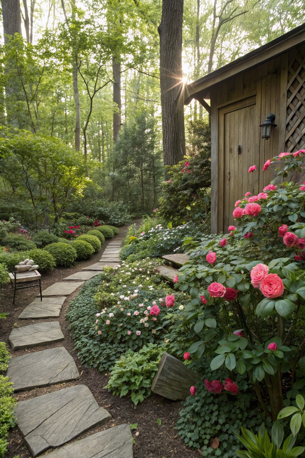 A curved flagstone path winds through garden beds planted with pink camellia bushes, green shrubs, and perennials, leading to a wooden garden shed backed by trees in a forested setting.