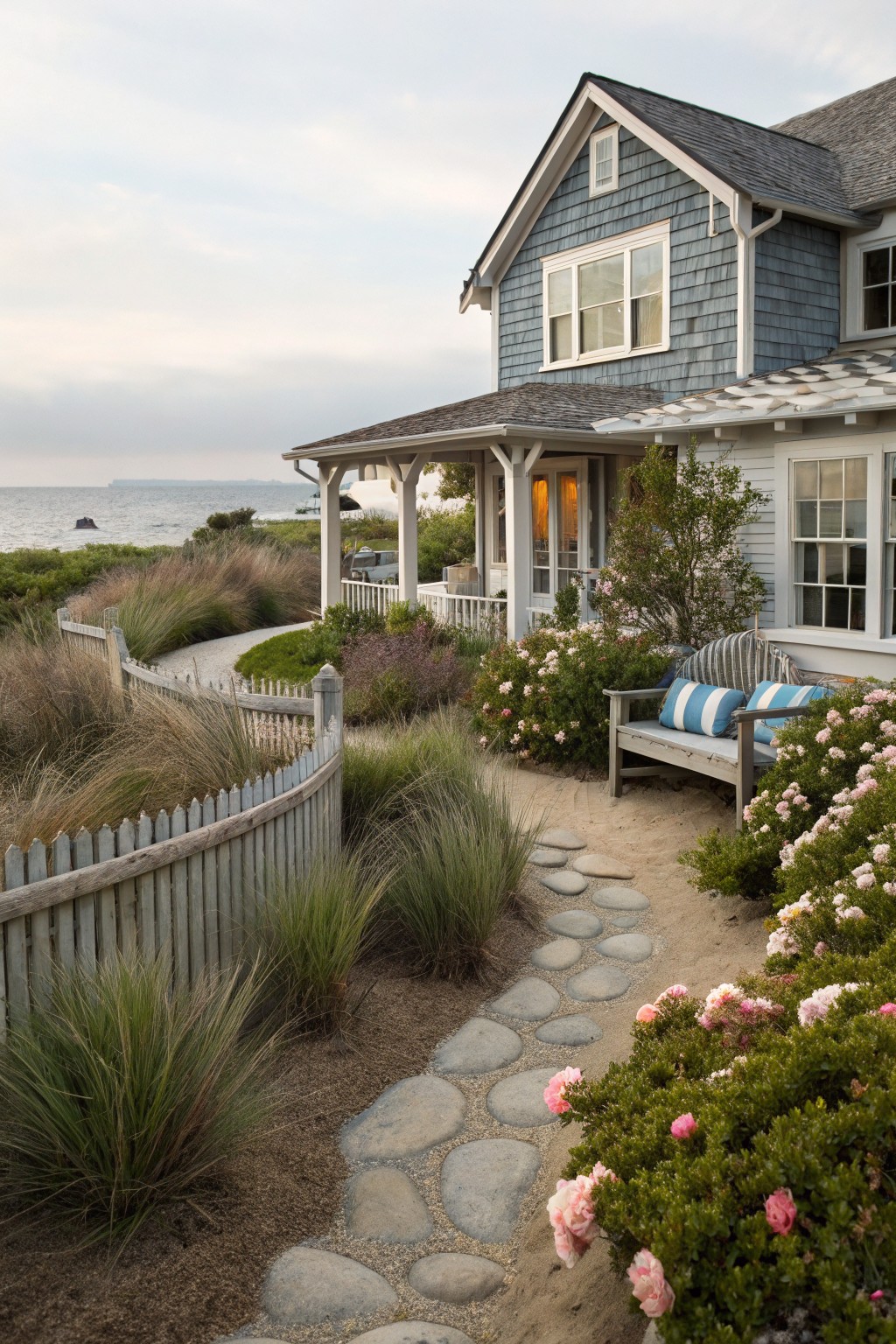 Blue shingled house with porch overlooking ocean, curved white picket fence along winding stone path through beach grasses and pink-flowering shrubs, wooden bench with blue cushions nearby.