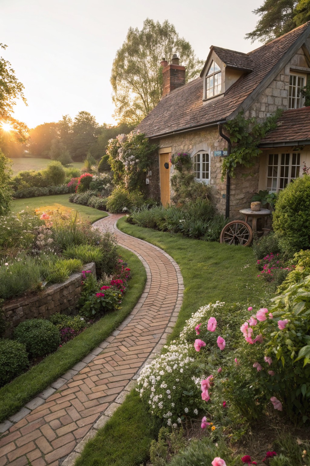 Stone cottage with orange front door surrounded by climbing plants and flowers, with a curved red brick path winding through garden beds of pink and white blooms and green shrubs.