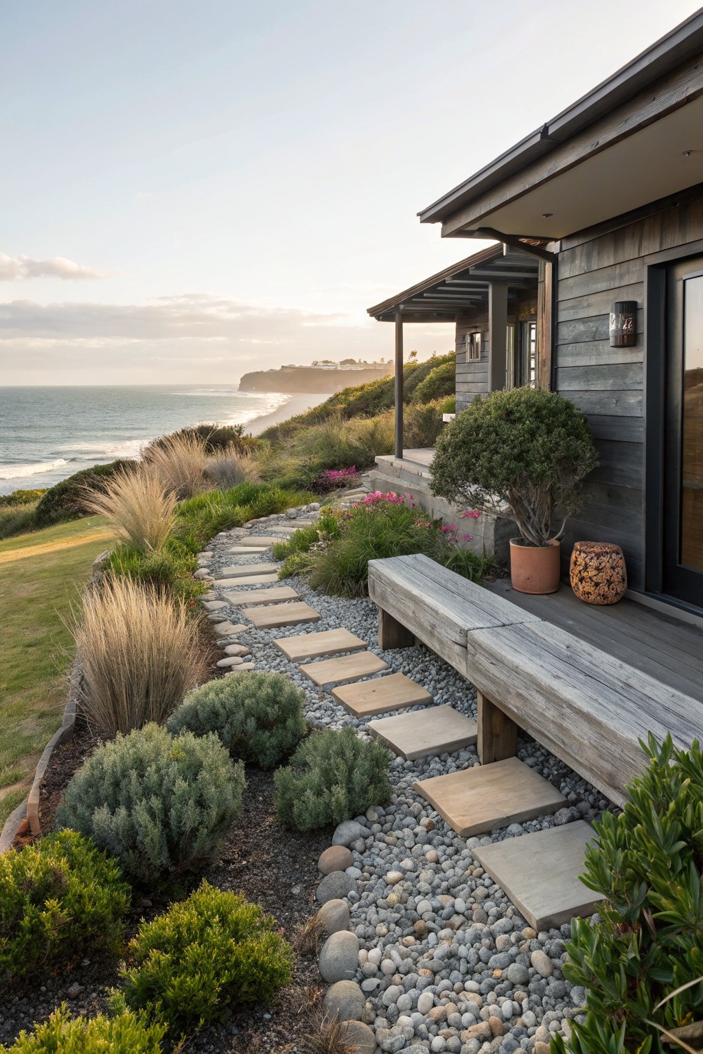 Coastal modern house with dark wood siding and deck, featuring a curved stone path through grasses, shrubs, and gravel beds leading to a wooden bench, with ocean view in background at dusk.