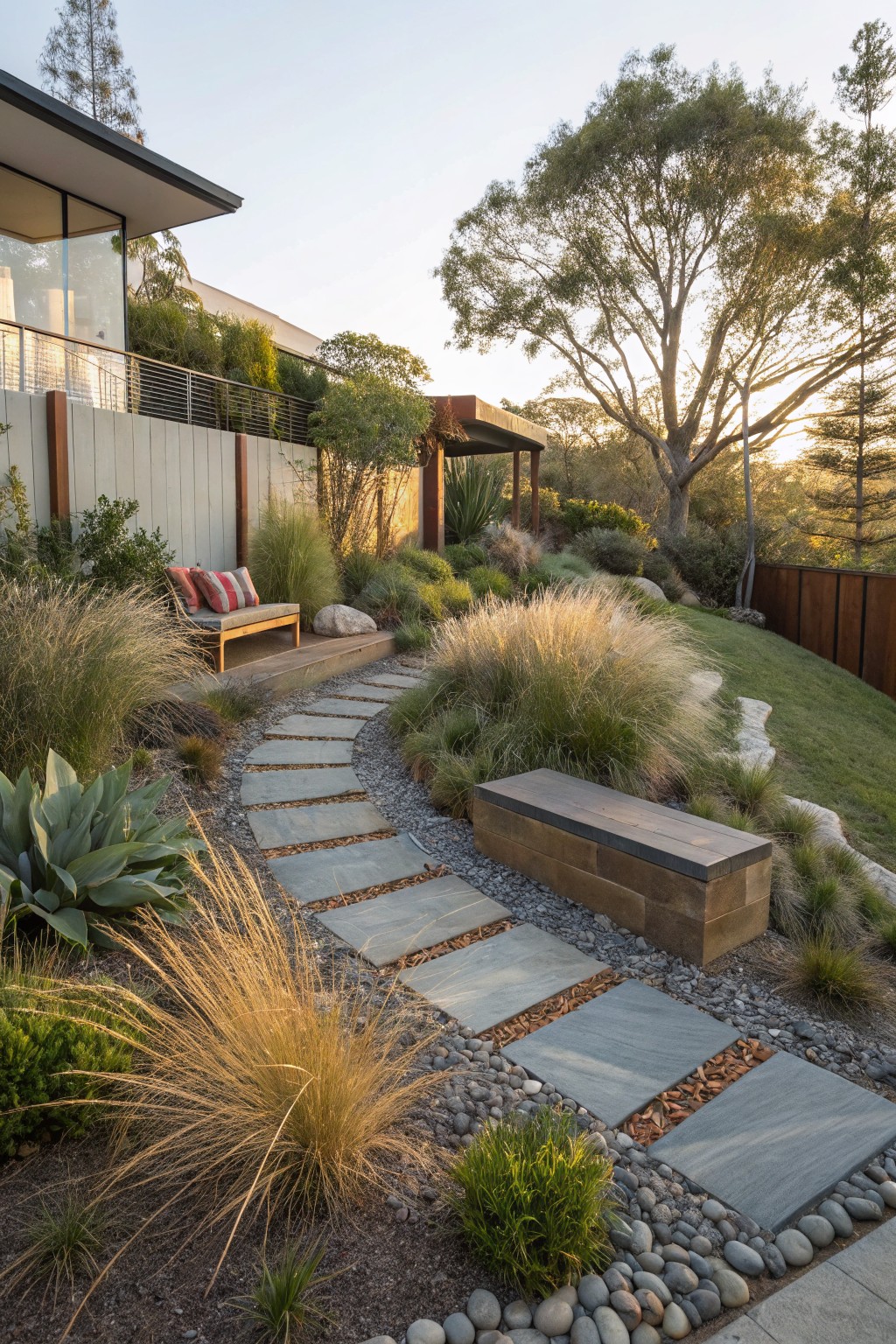 A curved path of rectangular gray stone slabs set in gravel winds up a sloped garden bed planted with tall ornamental grasses, agave succulents, small shrubs, and gravel accents, flanked by wooden benches and backed by a modern house fence and trees at sunset.
