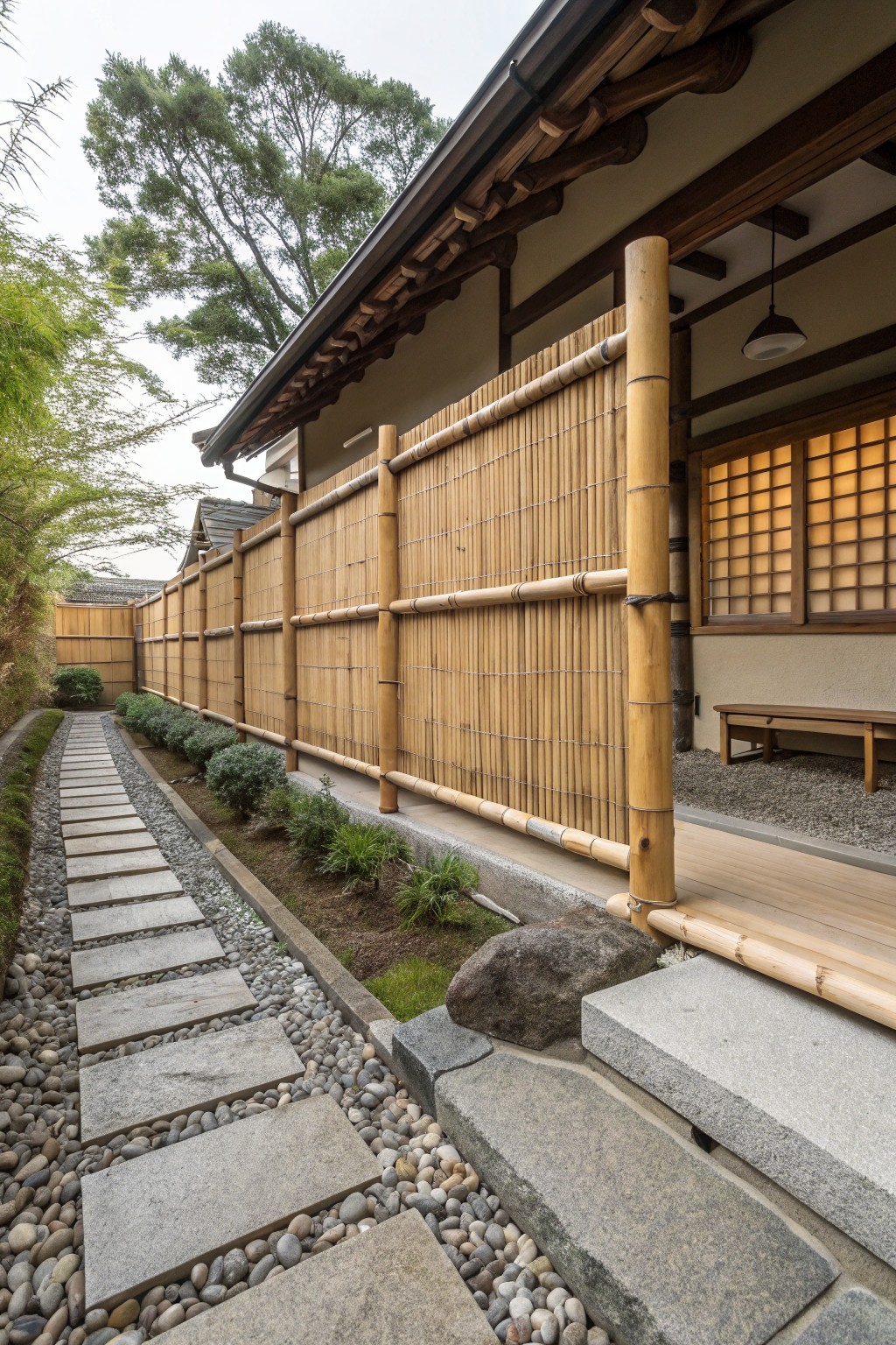 Stone stepping path edged with gravel and plants runs alongside tall vertical bamboo screens toward a traditional wooden house with shoji windows, a bench, and veranda.