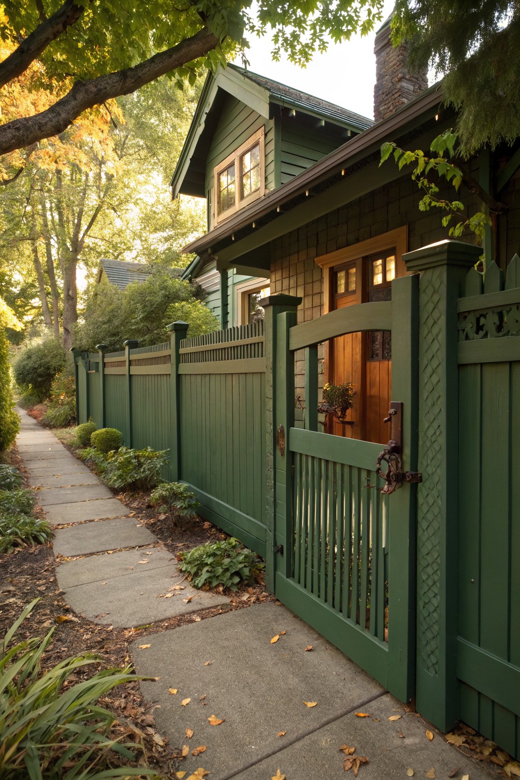 Dark green wooden privacy fence with decorative posts and a slatted gate beside a matching green Craftsman house, next to a stone pathway and plants.