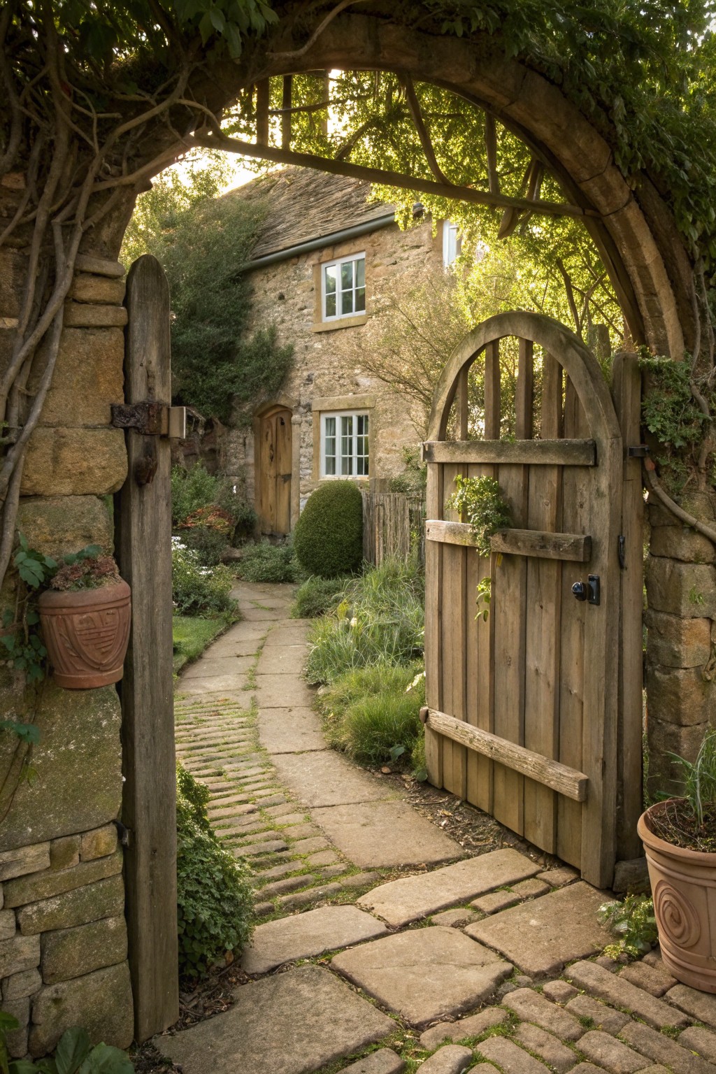 Open arched wooden gate with vertical slats set within ivy-covered stone pillars leading to a winding stone path through a lush garden toward a stone cottage.