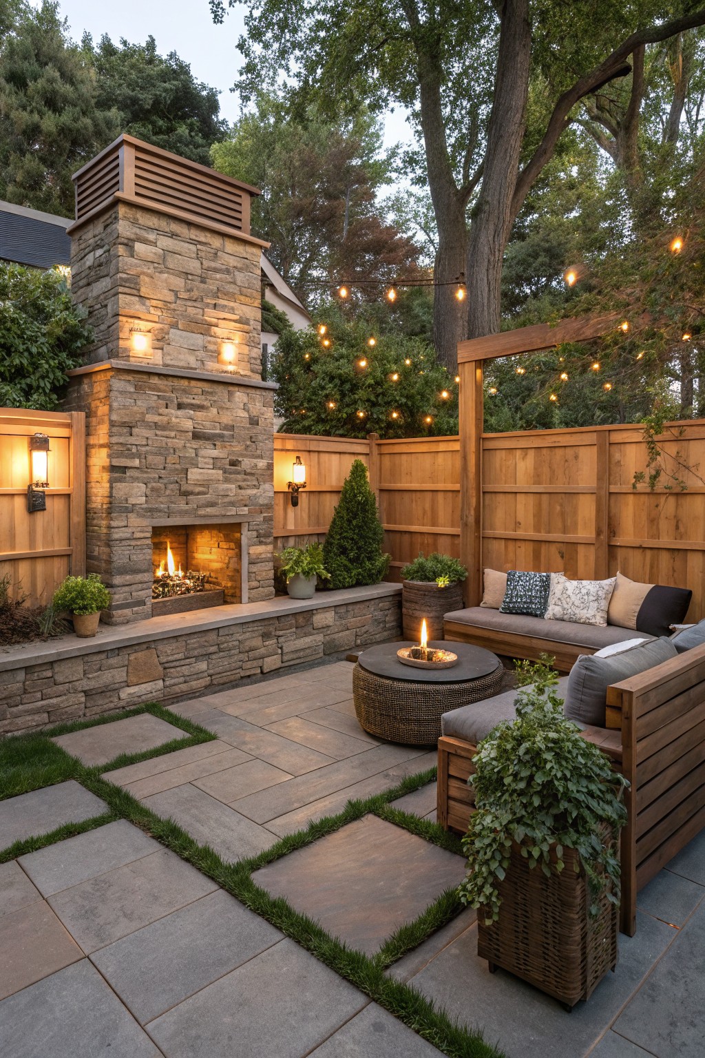 Backyard patio with stone outdoor fireplace built against a tall horizontal cedar wood fence, paver flooring with grass-filled joints, wooden benches with cushions, potted plants, and string lights overhead.