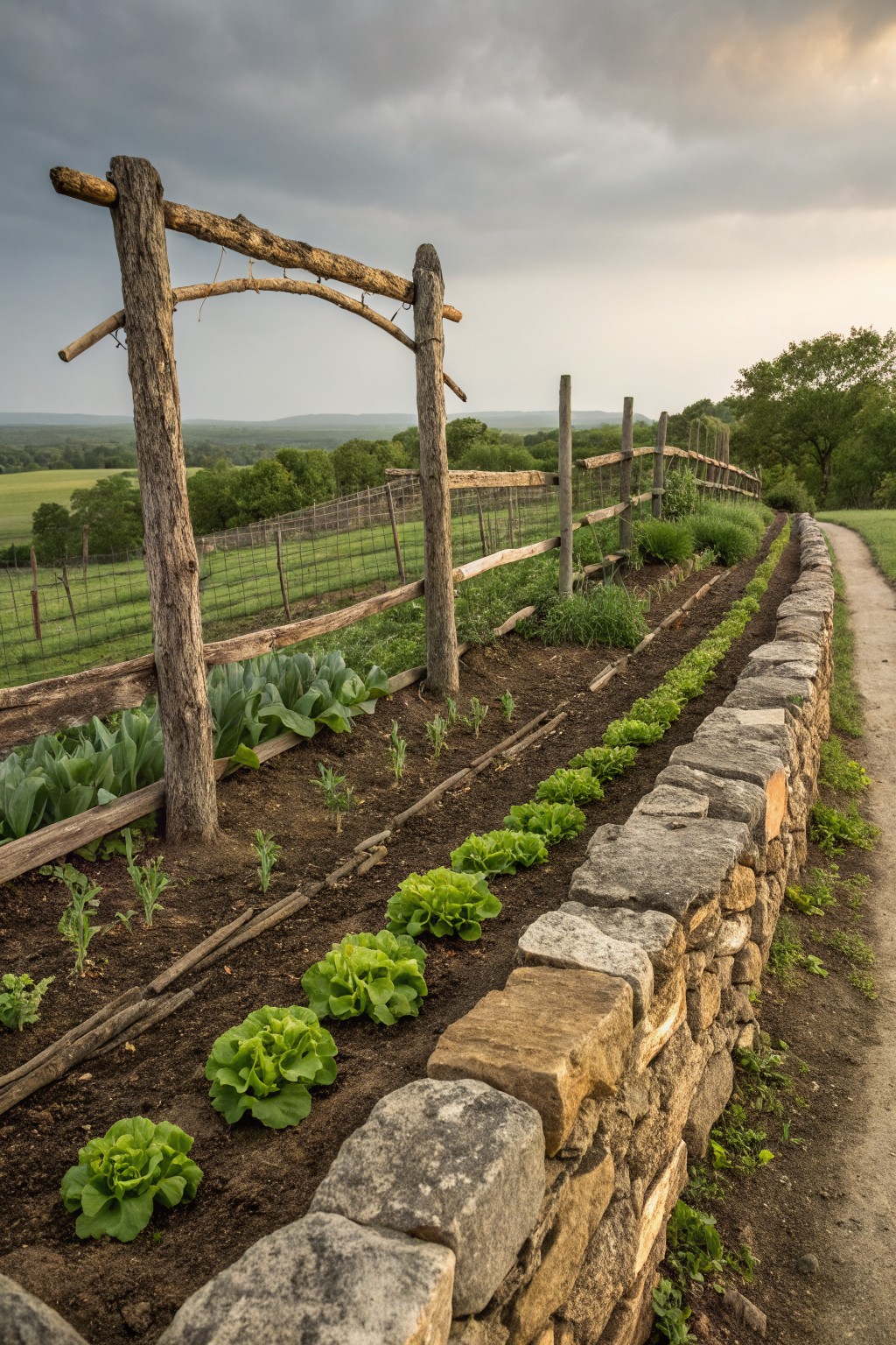 Rustic wooden archway constructed from natural logs over a gravel path next to raised garden beds planted with lettuce, bordered by a stone wall and wooden fence, with fields and trees visible in the background under a cloudy sky.