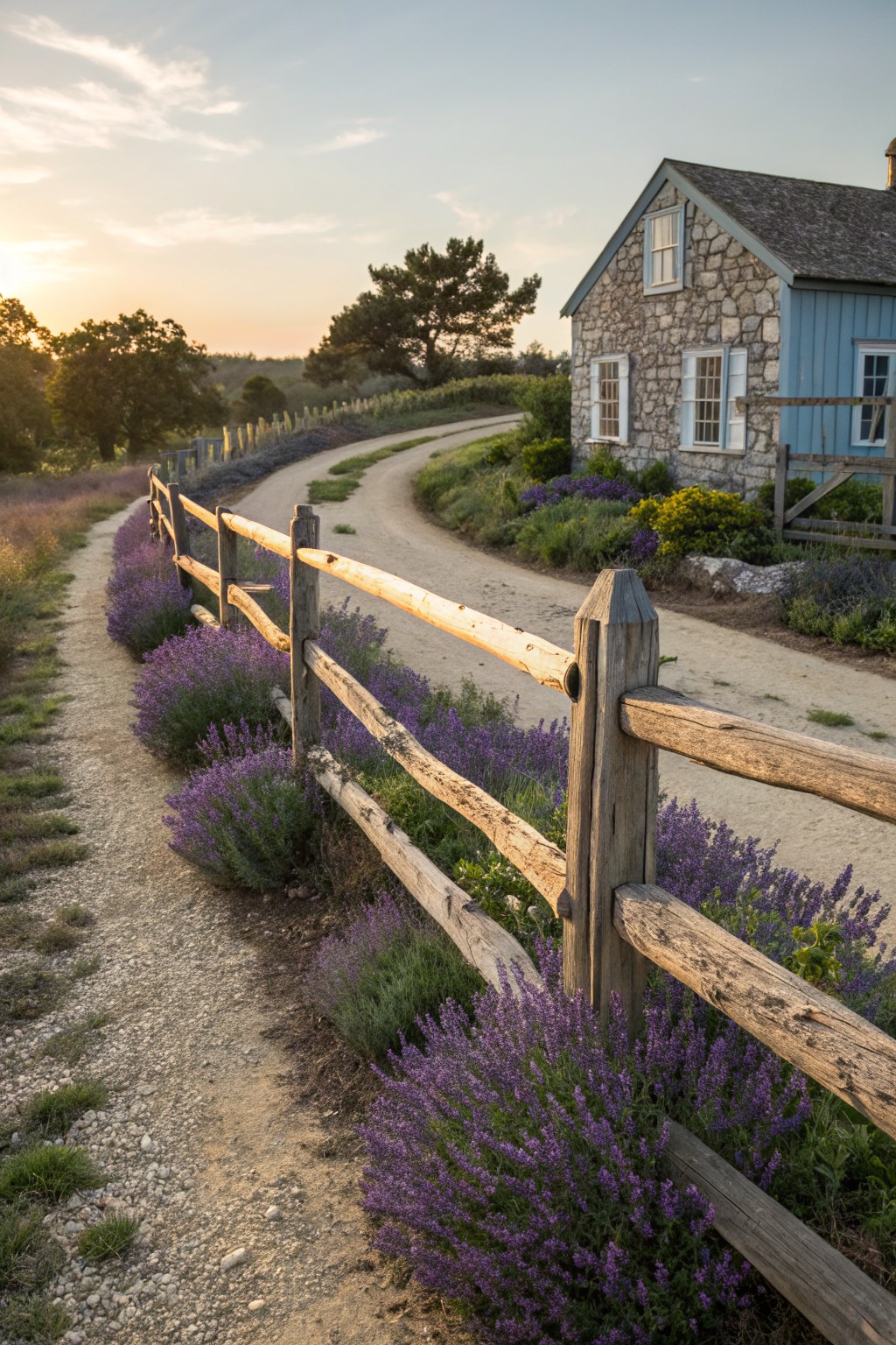 Rustic wooden split-rail fence lined with blooming lavender bushes along a gravel path curving toward a stone and blue clapboard house.