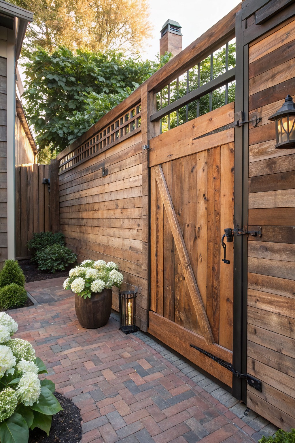 Rustic wooden gate with black metal frame and hardware along a brick pathway, flanked by wooden fences, white hydrangeas in pots, lanterns, and greenery.
