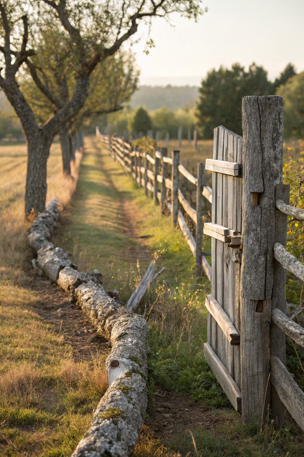 Rustic split-rail wooden fence lines a grassy path next to a moss-covered log with an open wooden gate, trees along one side, and fields in the background at sunset.